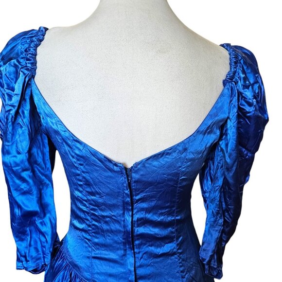 80s Size 8 Blue Formal Dress Gown‎ Prom Shiny Satin Assymetrical Puff Sleeve - Picture 12 of 14